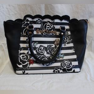 Betsy Johnson black and white striped purse with rose lining
